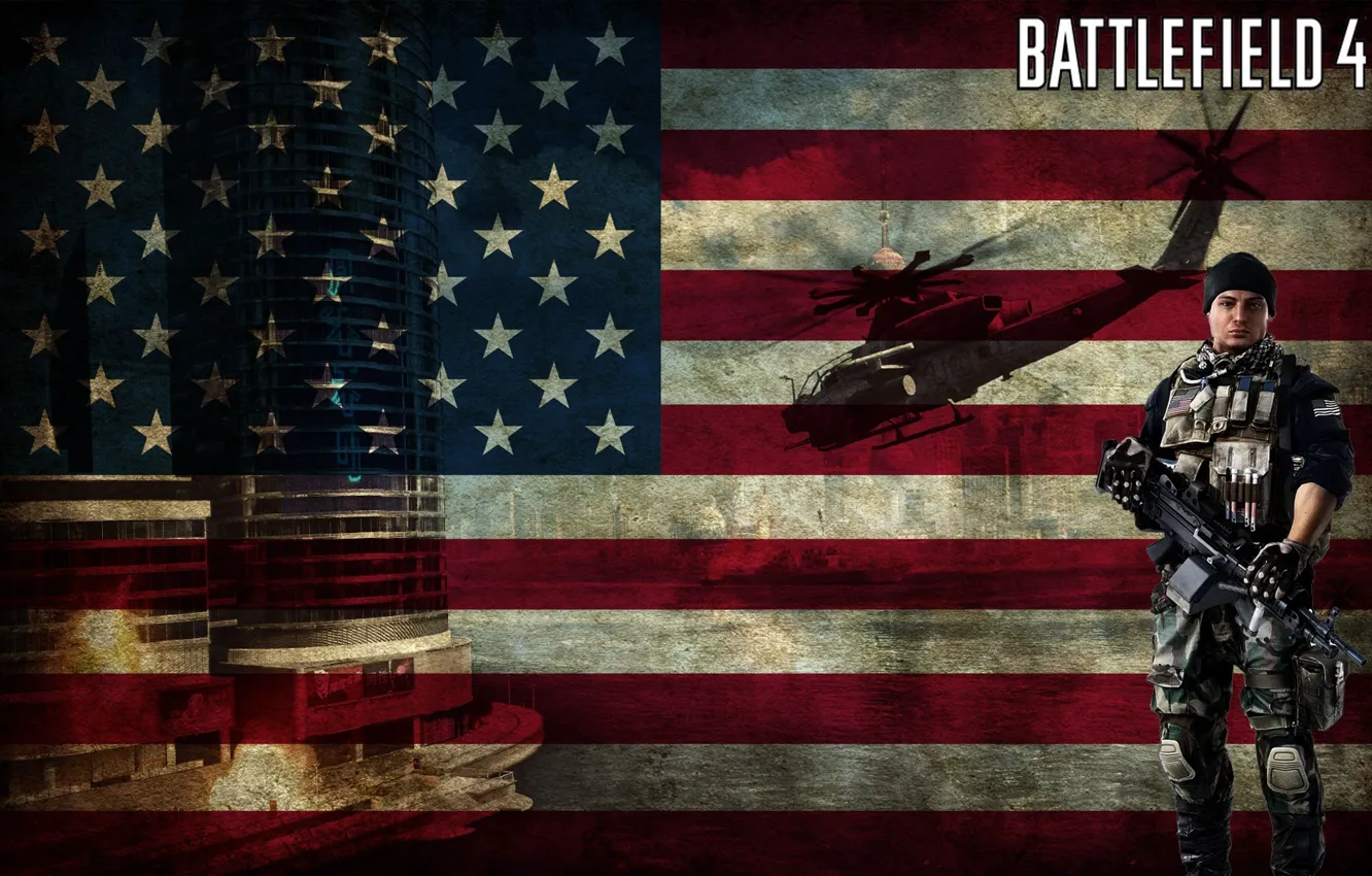 Фото обои USA, Helicopter, American, Flag, Weapon, Battlefield 4, Video Game, Heavy Gun