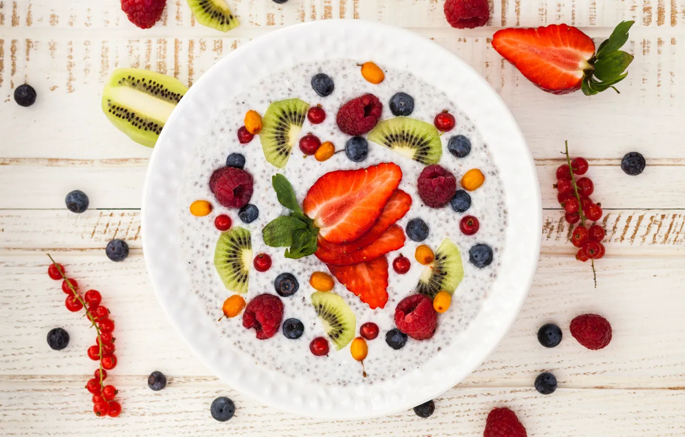 Фото обои ягоды, малина, завтрак, киви, черника, клубника, фрукты, berries