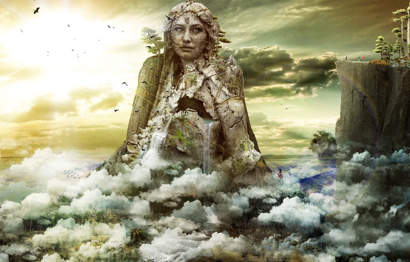 Фото обои девушка, облака, скалы, фото-арт