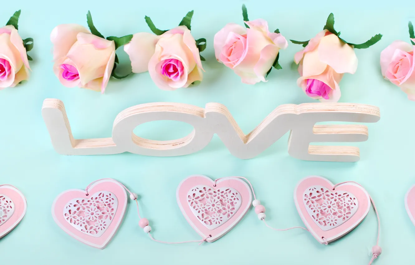 Фото обои розы, сердечки, love, heart, wood, pink, flowers, romantic