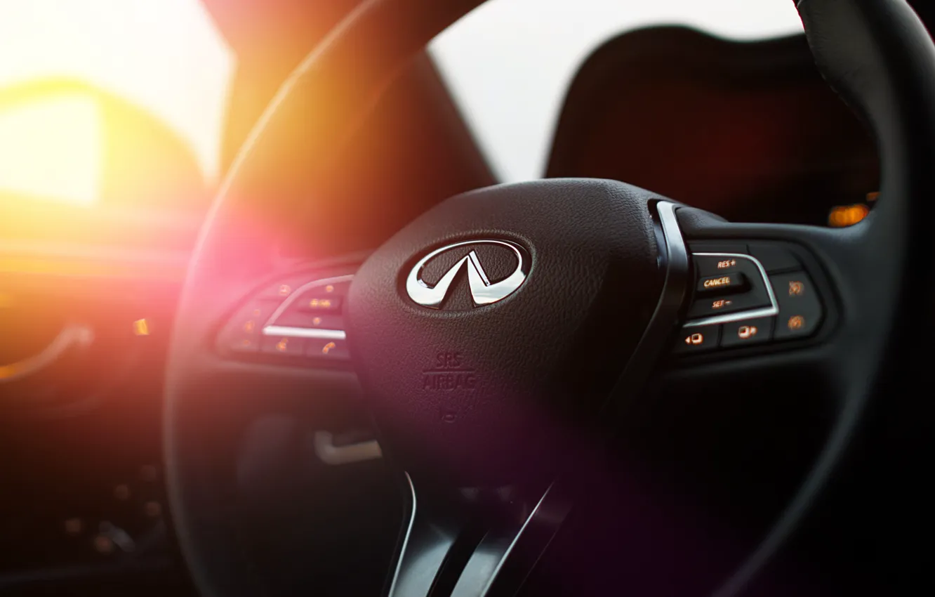 Фото обои Infiniti, logo, steering wheel, Q60S, Infiniti Q60S 3.0T