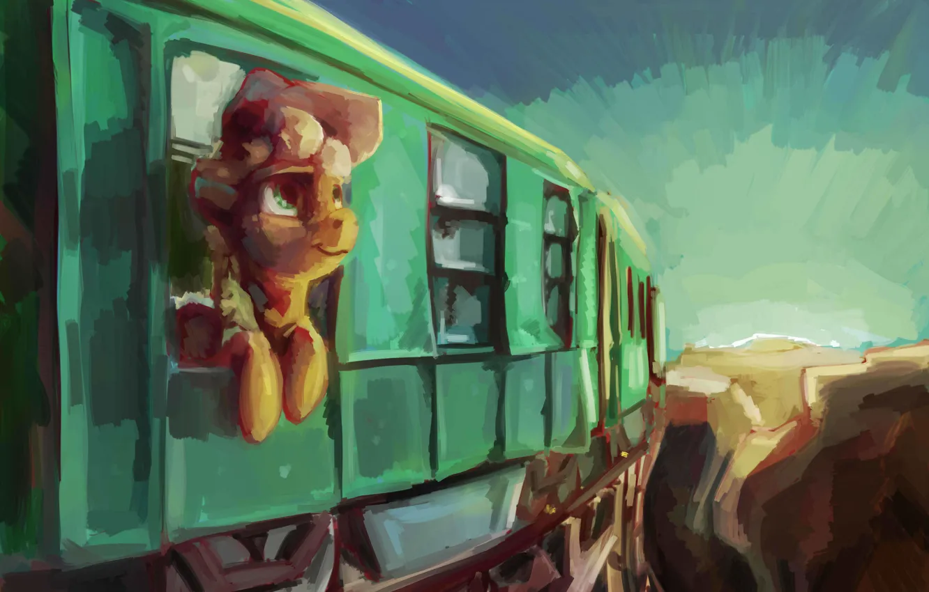 Фото обои поезд, арт, пони, My Little Pony, Applejack, Sharpieboss