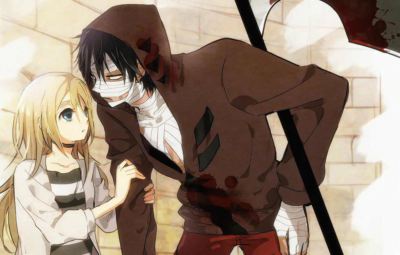 Фото обои девушка, оружие, коса, парень, двое, Ангел кровопролития, Satsuriku no Tenshi