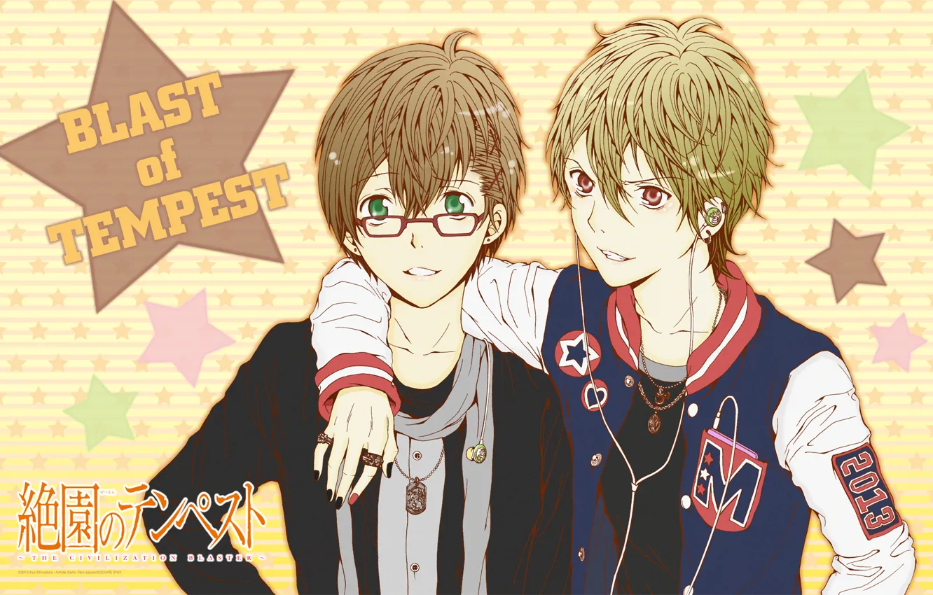 Фото обои наушники, очки, друзья, звездочки, art, зеленые глаза, zetsuen no tempest, ren saizaki