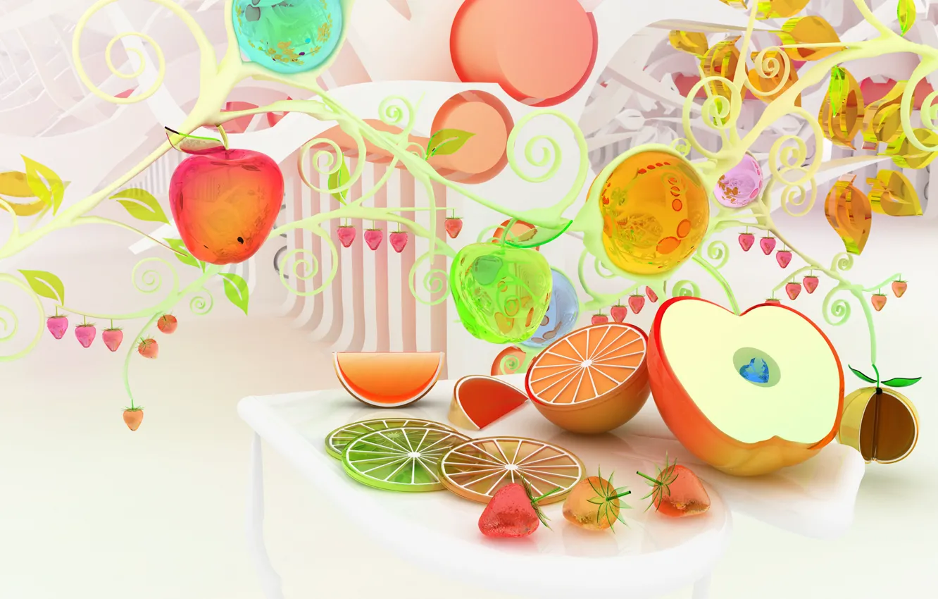 Фото обои яблоки, апельсины, клубника, фрукты, разноцветные, Chromatic fruits