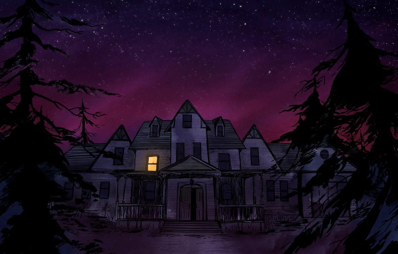 Фото обои лес, ночь, дом, арт, видеоигра, компьютерная игра, Gone Home