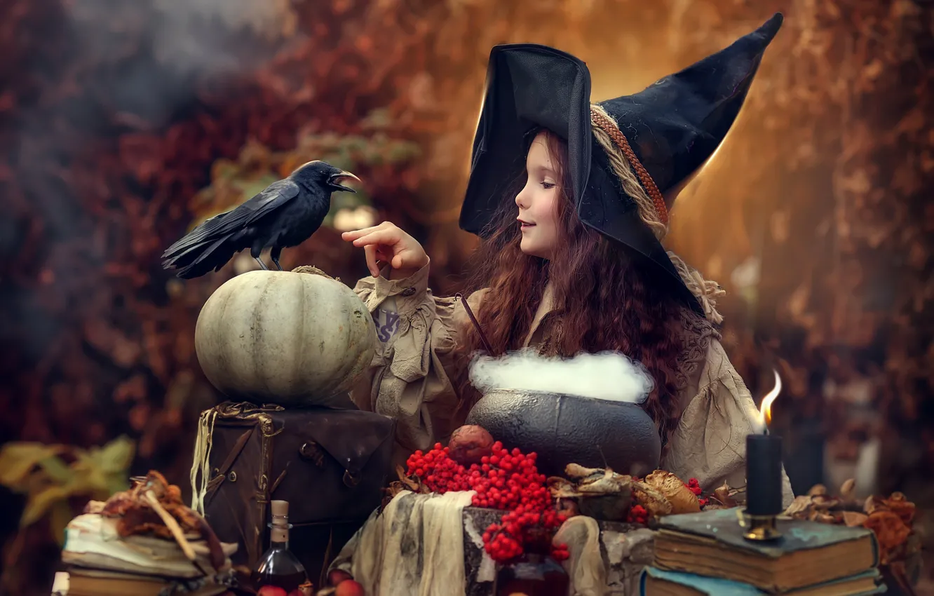 Фото обои птица, книги, свеча, шляпа, девочка, тыква, ворон, рябина