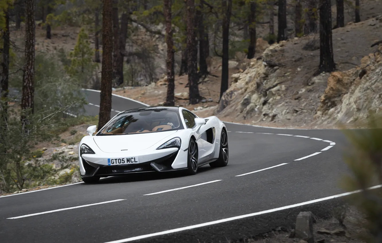 Фото обои дорога, car, авто, деревья, стволы, McLaren, road, 570GT