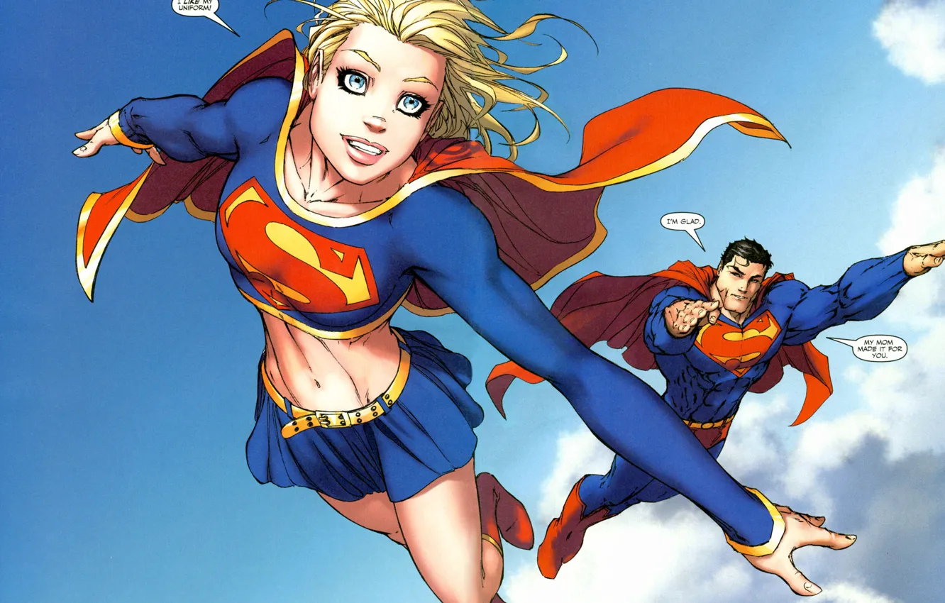 Фото обои небо, полет, сила, superman, комикс, супер герои, supergirl, супермэн