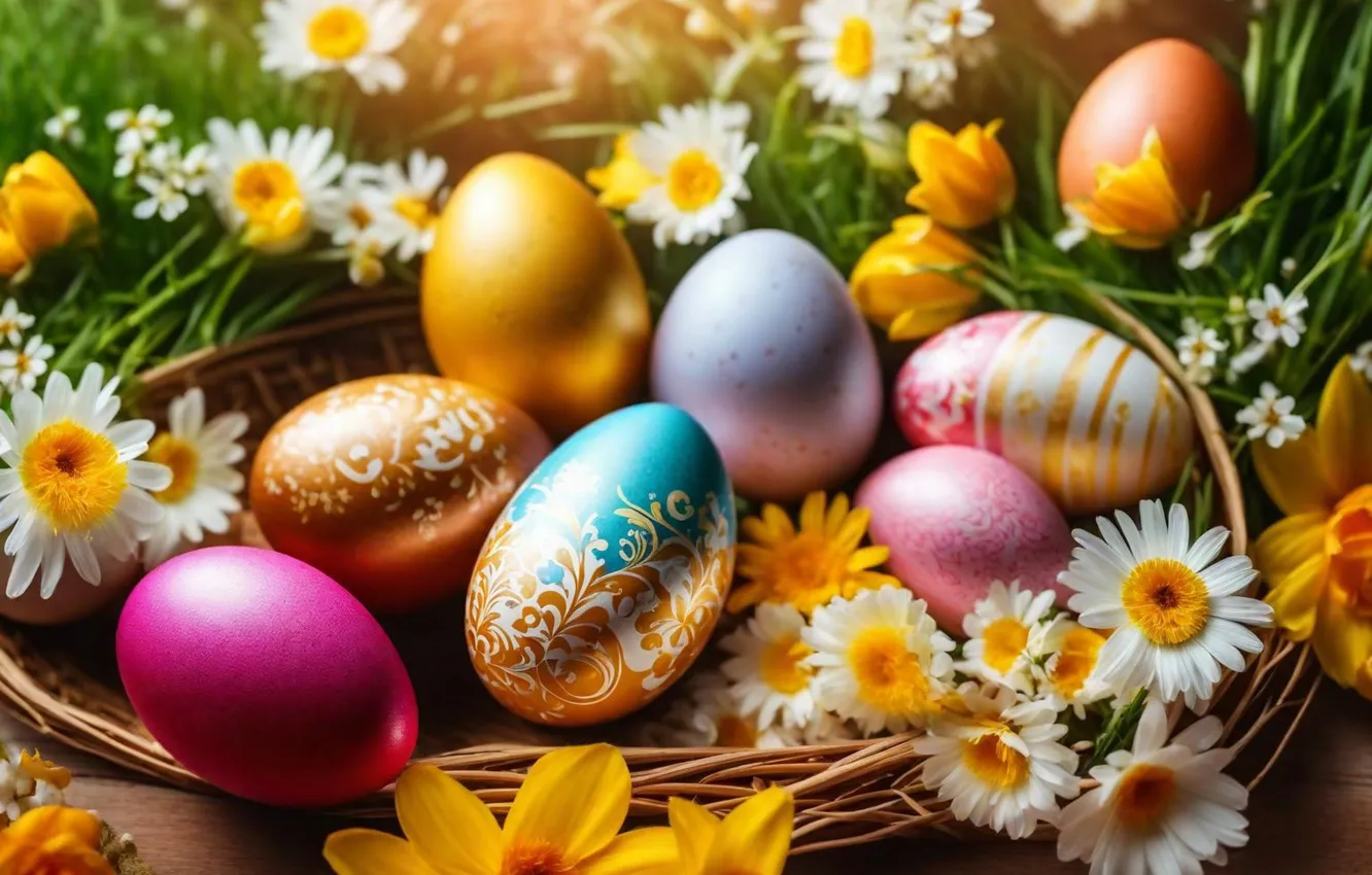 Фото обои цветы, яйца, весна, colorful, Пасха, happy, flowers, spring