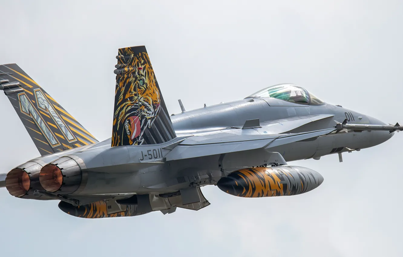 Фото обои Истребитель, Форсаж, Взлет, ВВС Швейцарии, F/A-18 Hornet, ПТБ