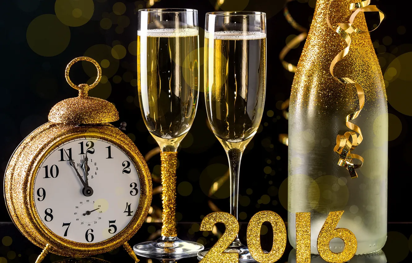 Фото обои часы, бутылка, Новый Год, бокалы, golden, шампанское, New Year, Happy