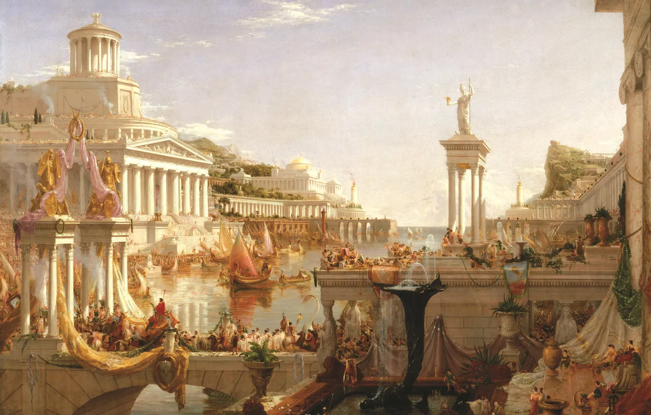 Фото обои вода, город, люди, здания, картина, живопись, Thomas Cole, The Consummation The Course of the Empire
