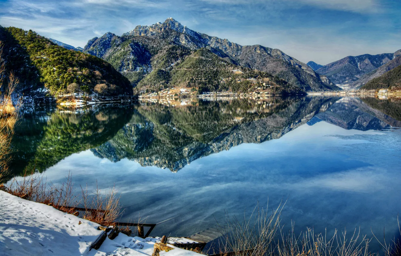 Фото обои зима, снег, пейзаж, горы, природа, озеро, отражение, спуск