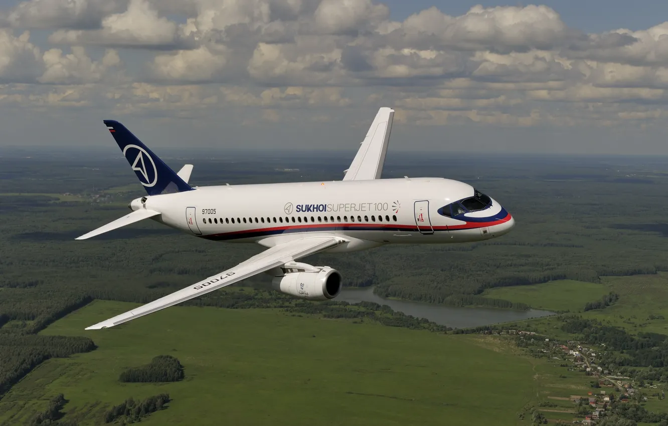 Фото обои сухой, пассажирский самолёт, sukhoi superjet 100