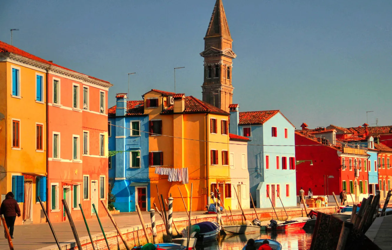 Фото обои башня, дома, лодки, Венеция, канал, Бурано