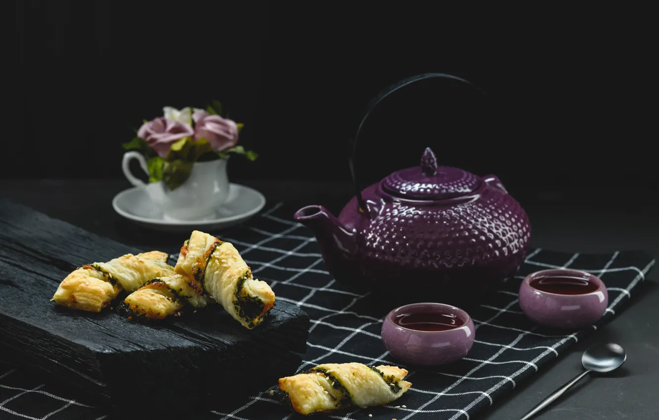 Фото обои цветы, чай, чашка, выпечка, ARTOM PESETSKY