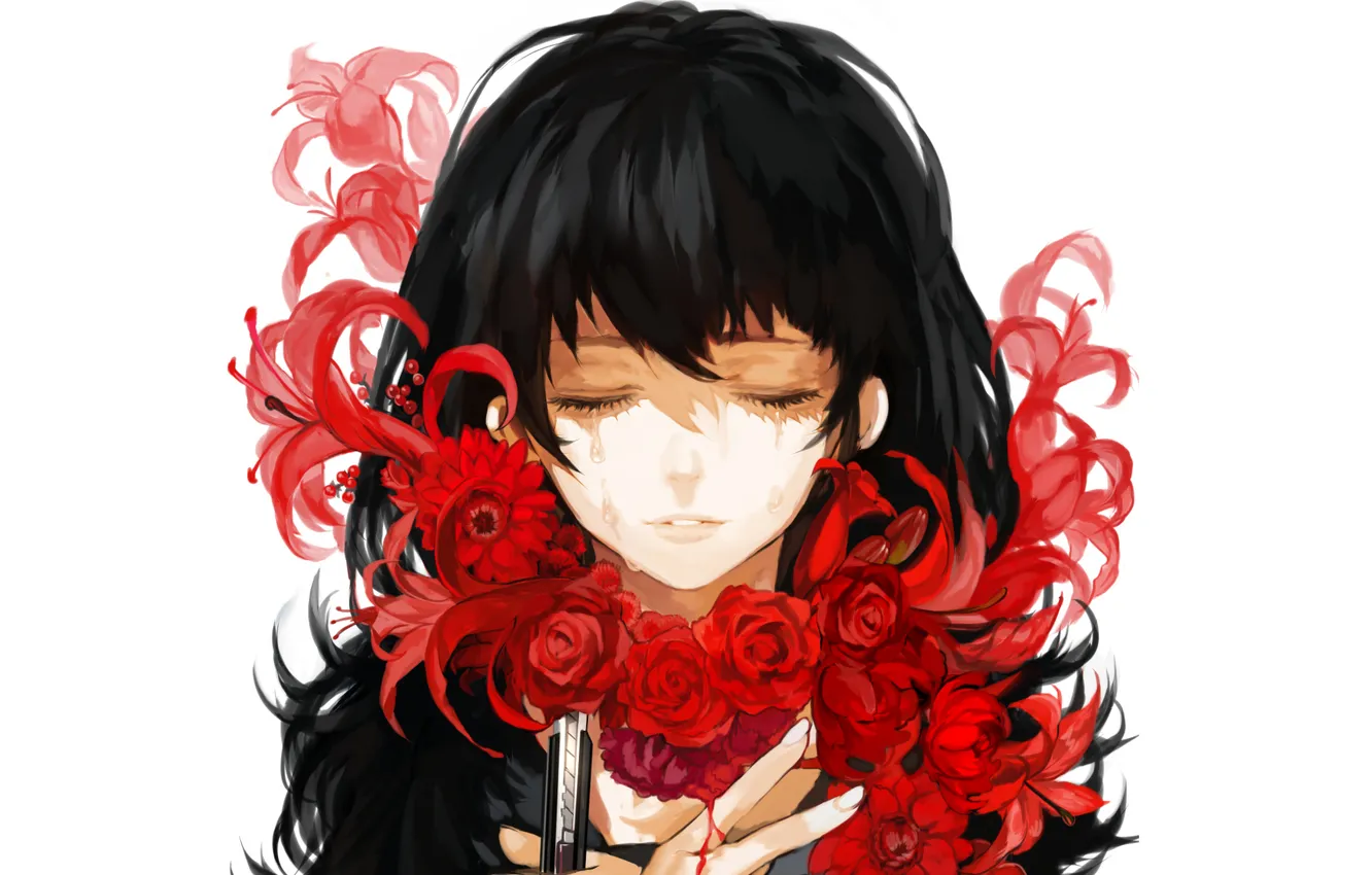 Фото обои кровь, Девушка, белый фон, красные цветы