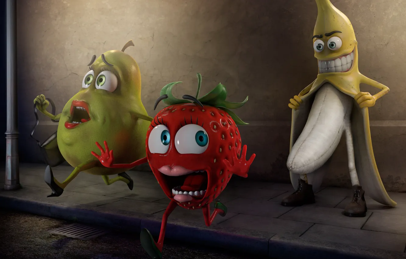 Фото обои страх, клубника, груша, фрукты, извращенец, паника, Банан