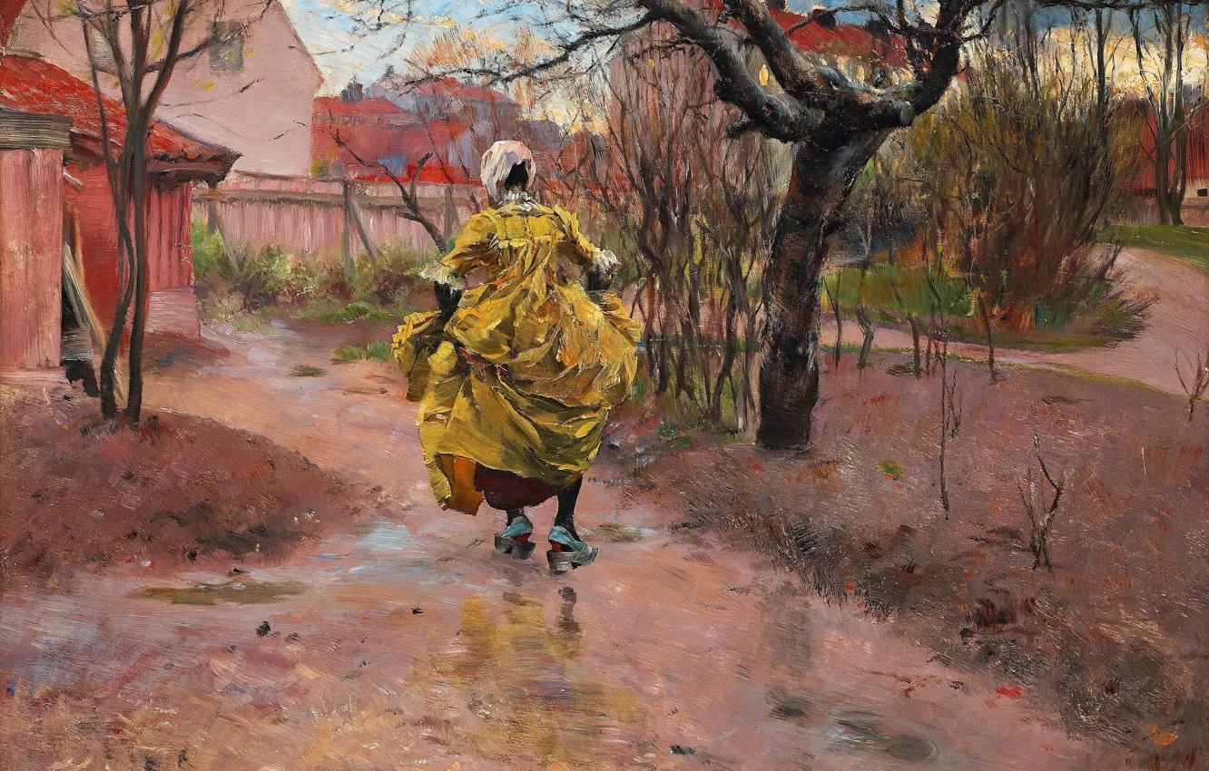 Фото обои Дома, Дерево, Дорога, Картина, Платье, Carl Olof Larsson, Карл Ларссон, Carl Larsson
