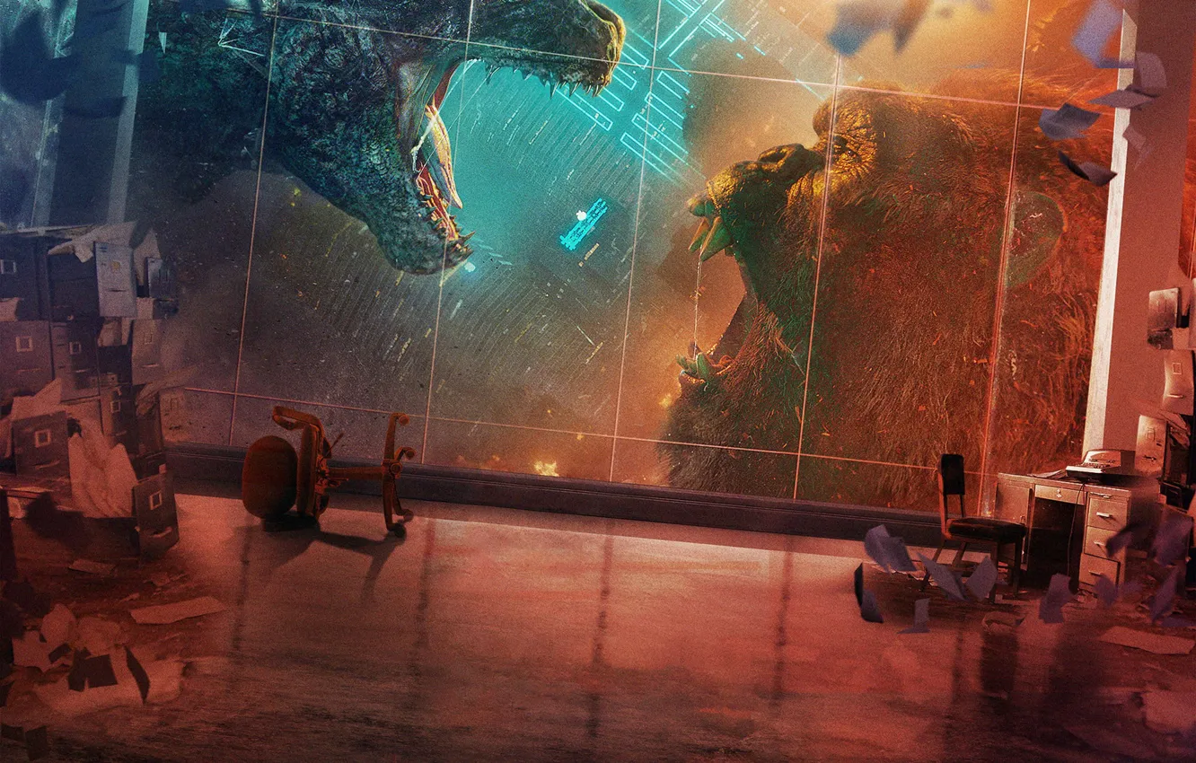 Фото обои King Kong, Монстры, Обезьяна, Комната, Кинг Конг, Битва, Двое, Морды