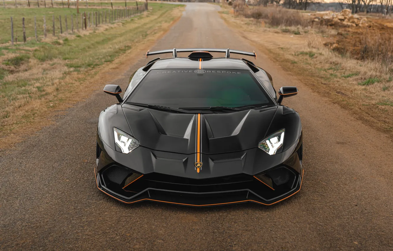 Фото обои Lamborghini, Orange, Black, Aventador S, Front View