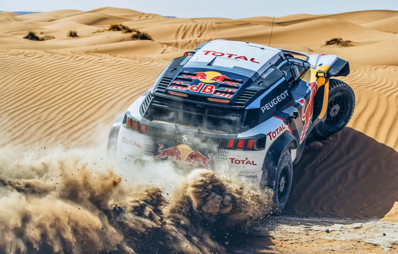 Фото обои Песок, Авто, Спорт, Машина, Скорость, Peugeot, Red Bull, Rally