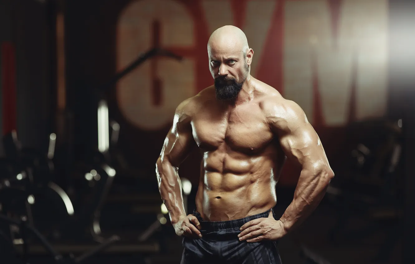 Фото обои поза, борода, muscle, мышцы, пресс, тренажеры, бицепс, gym