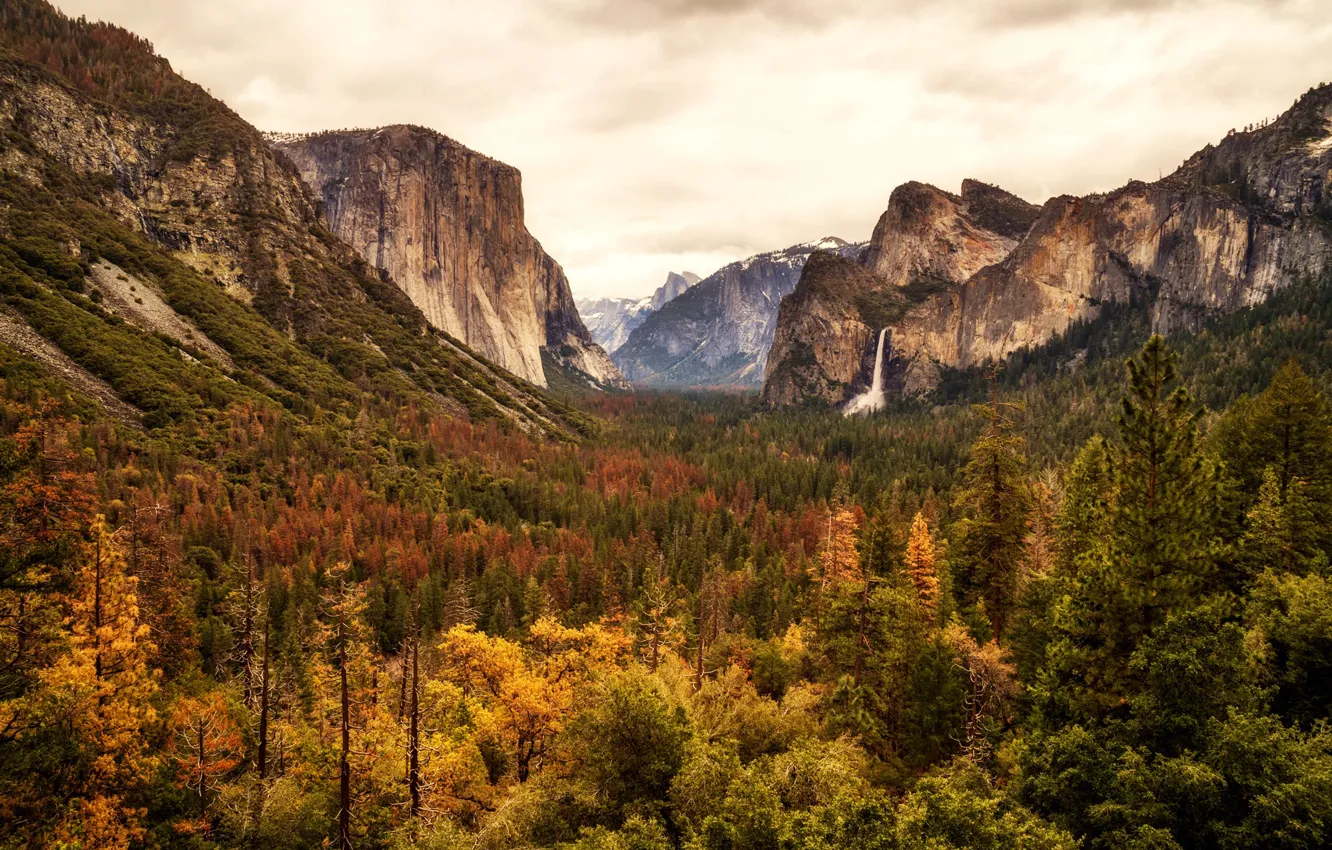 Фото обои осень, лес, облака, деревья, горы, скалы, водопад, долина