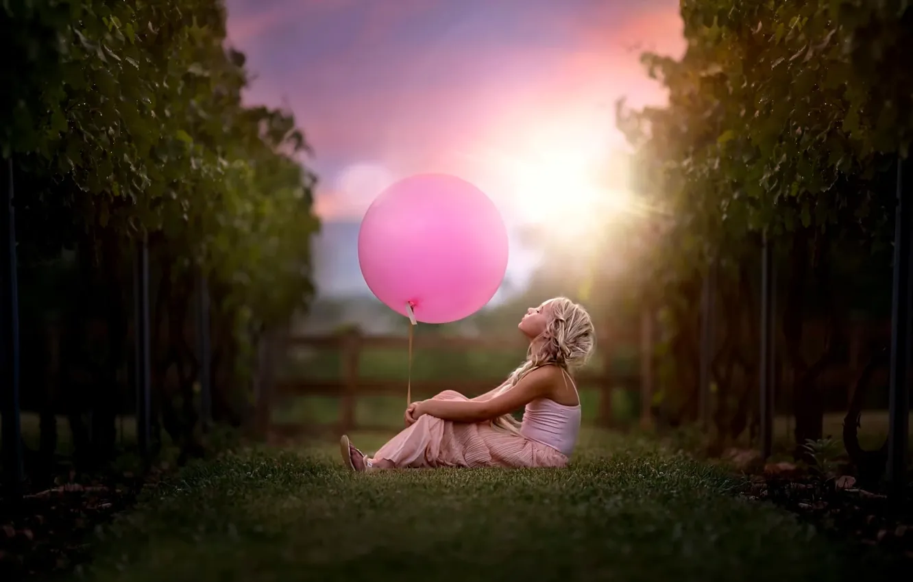 Фото обои шарик, девочка, лоза, child and vineyard