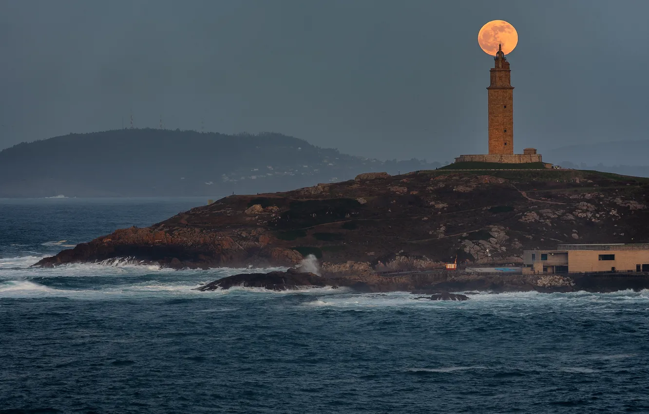 Фото обои маяк, Луна, moon, lighthouse, Jose Liñeira Piñeiro