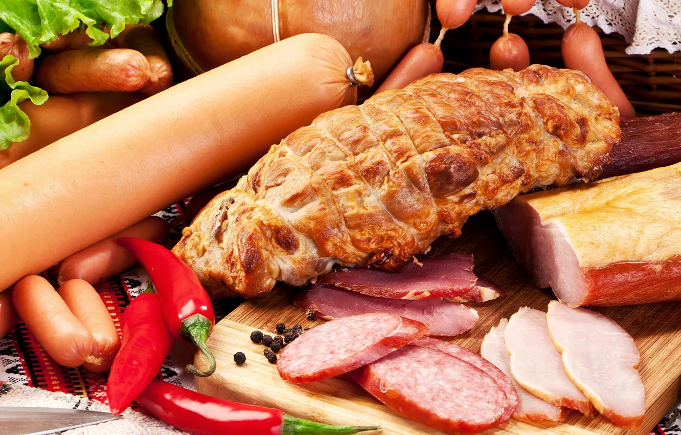 Фото обои сосиски, мясо, перец, колбаса, ветчина, meat, sausage