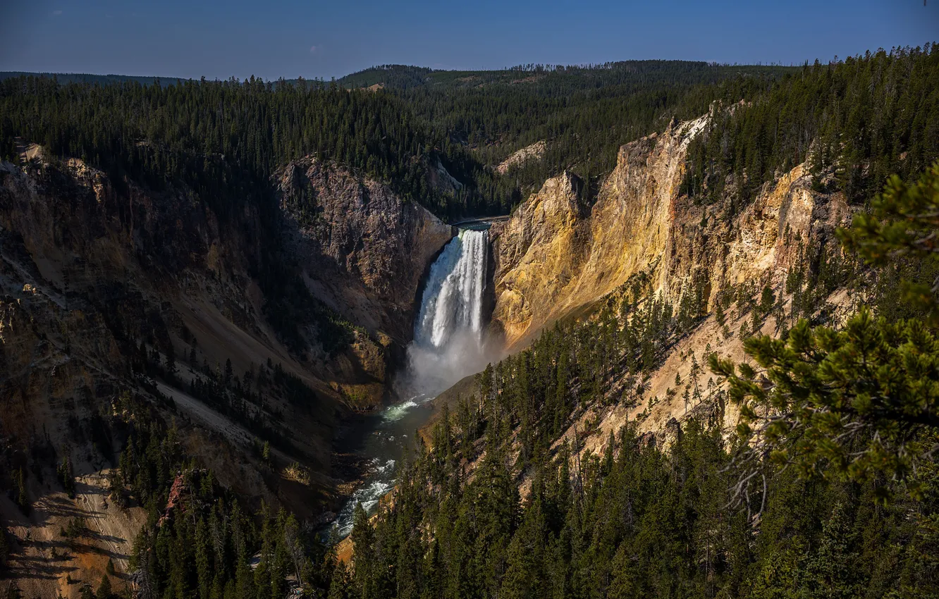 Фото обои лес, небо, солнце, деревья, горы, река, камни, скалы