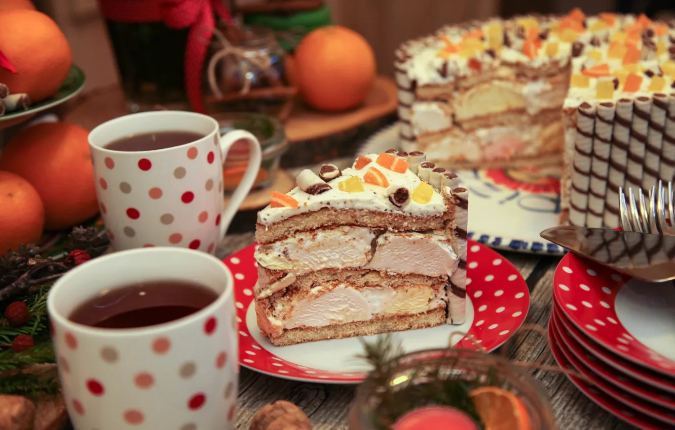 Фото обои чай, чашки, торт, крем, цукаты