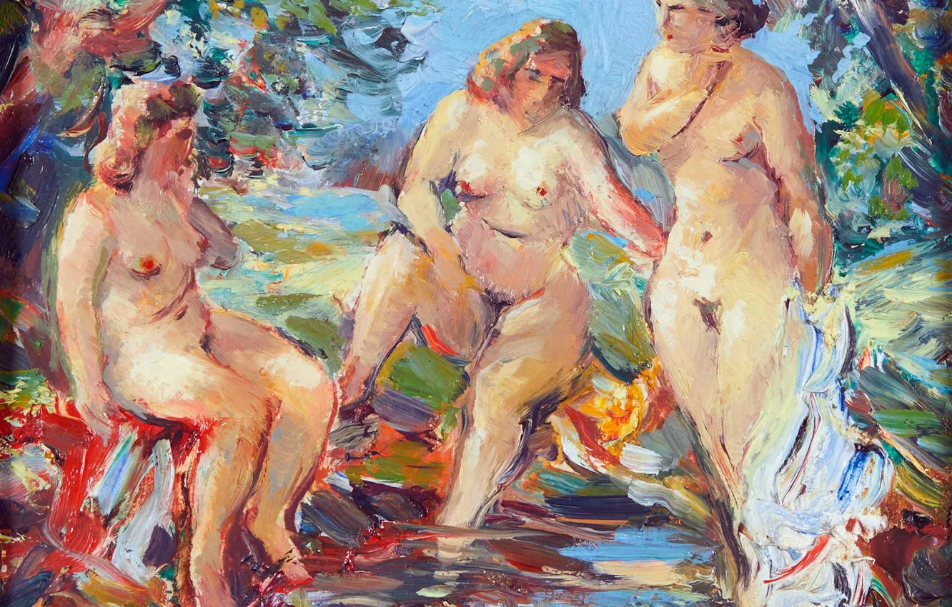 Фото обои Вода, Картина, Женщины, Трое, Купальщицы, Обнажены, Австрийский художник, Вильгельм Кауфманн