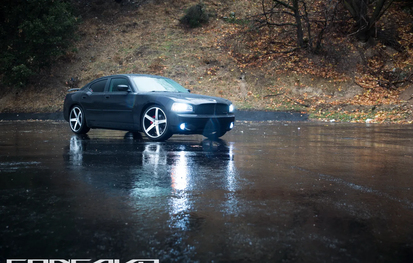 Фото обои машина, авто, асфальт, мокрый, фары, Dodge, auto, Black