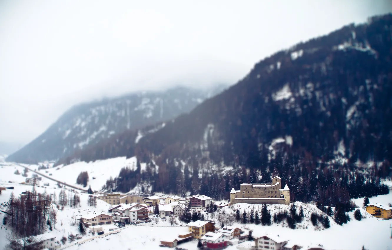 Фото обои зима, снег, горы, городок, курорт, альпы, тилт-шифт