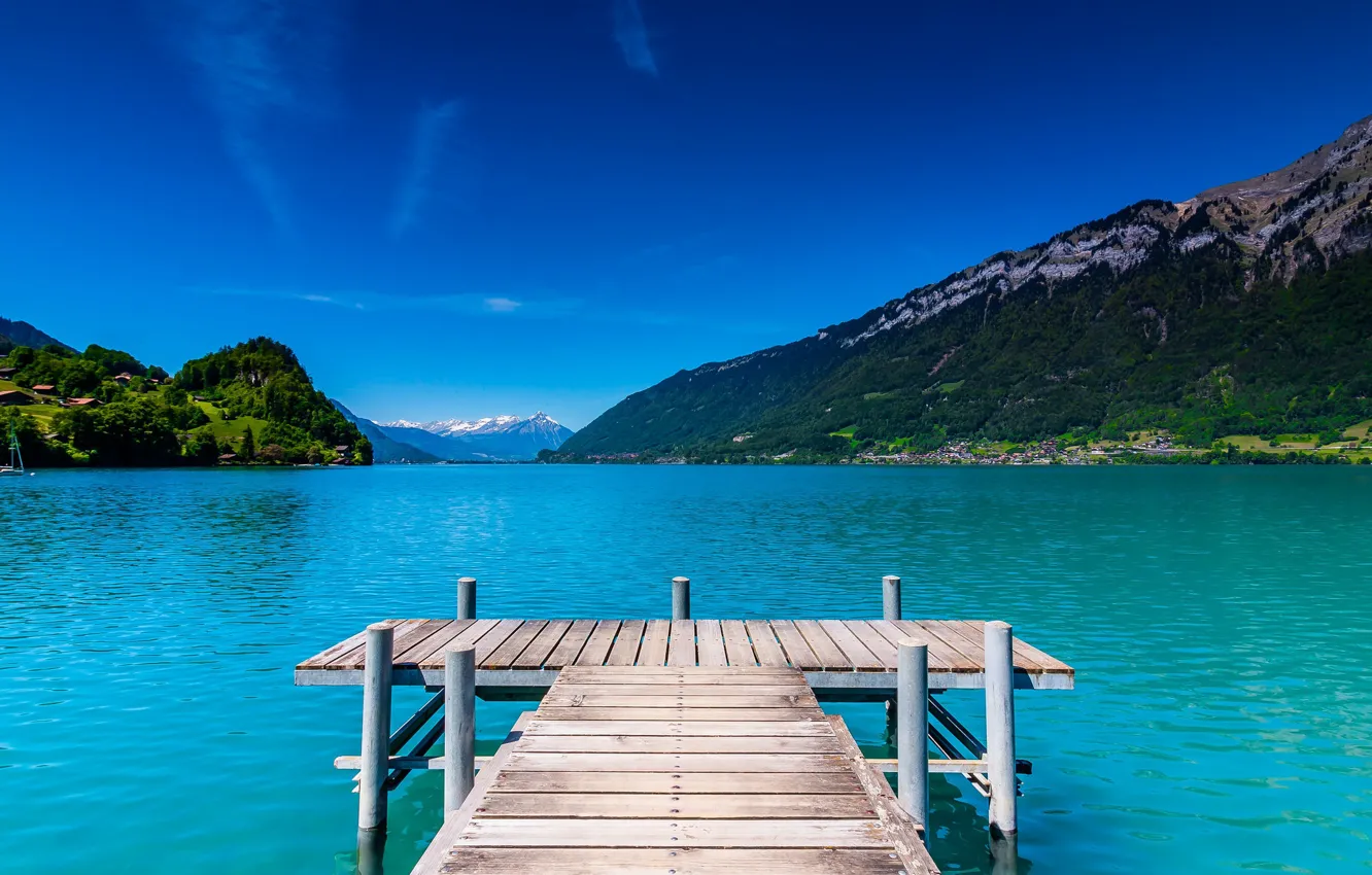 Фото обои горы, озеро, релакс, спокойствие, Швейцария, мостик, Изельтвальд