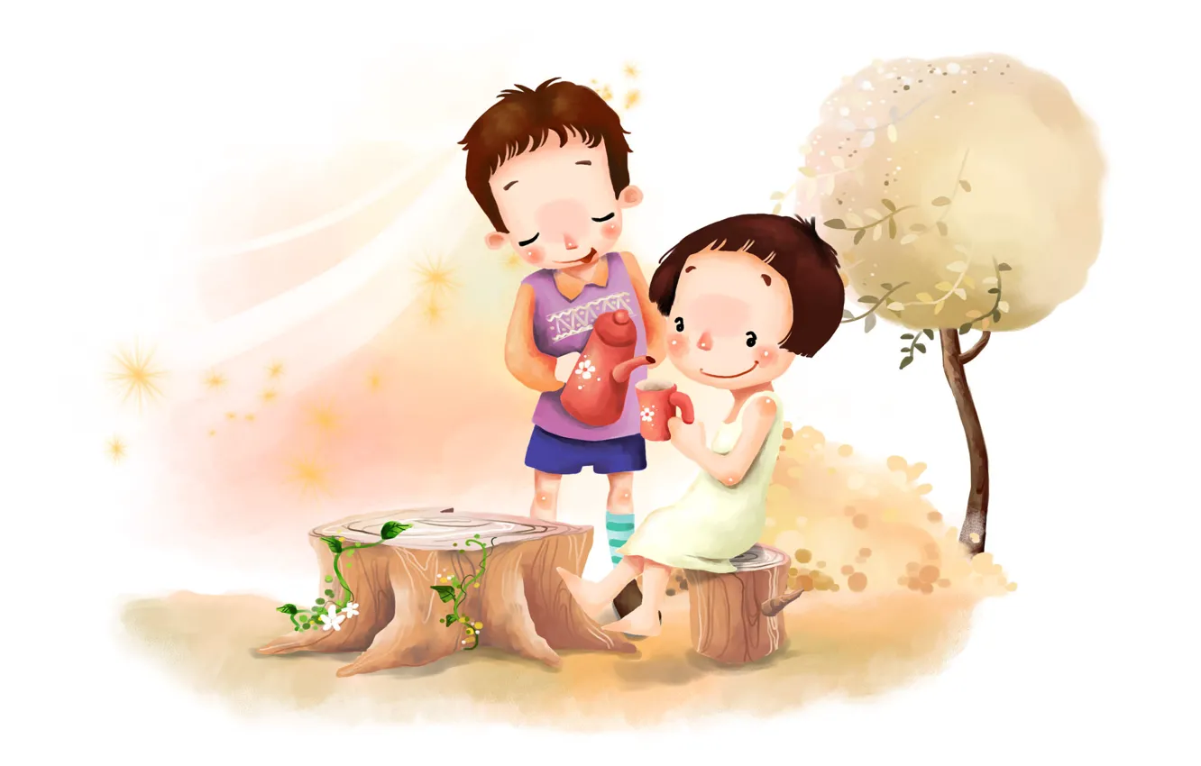 Фото обои цветы, детство, дерево, ветер, листва, рисунок, позитив, мальчик