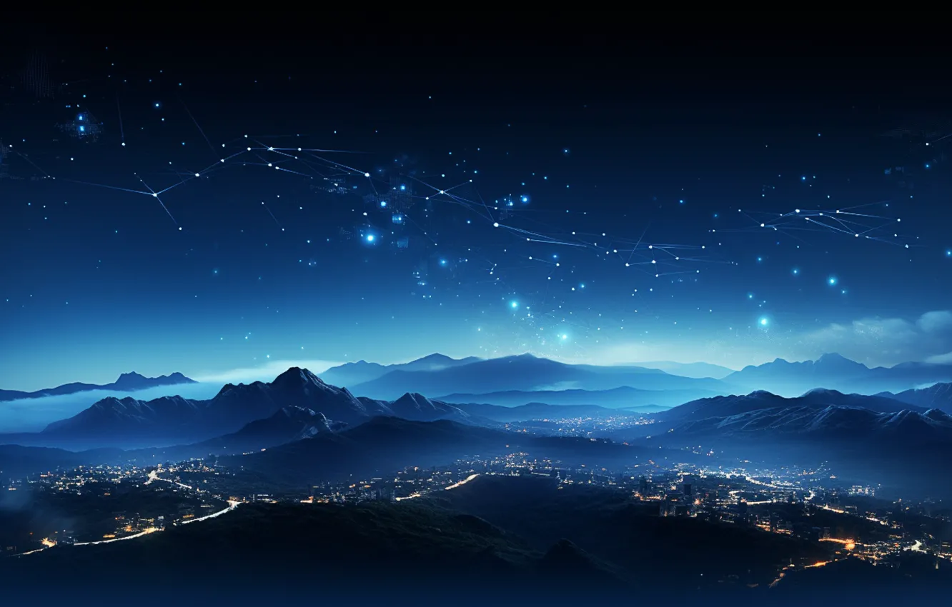 Фото обои lights, sky, landscape, mountains, stars, blue background, digital art, AI art