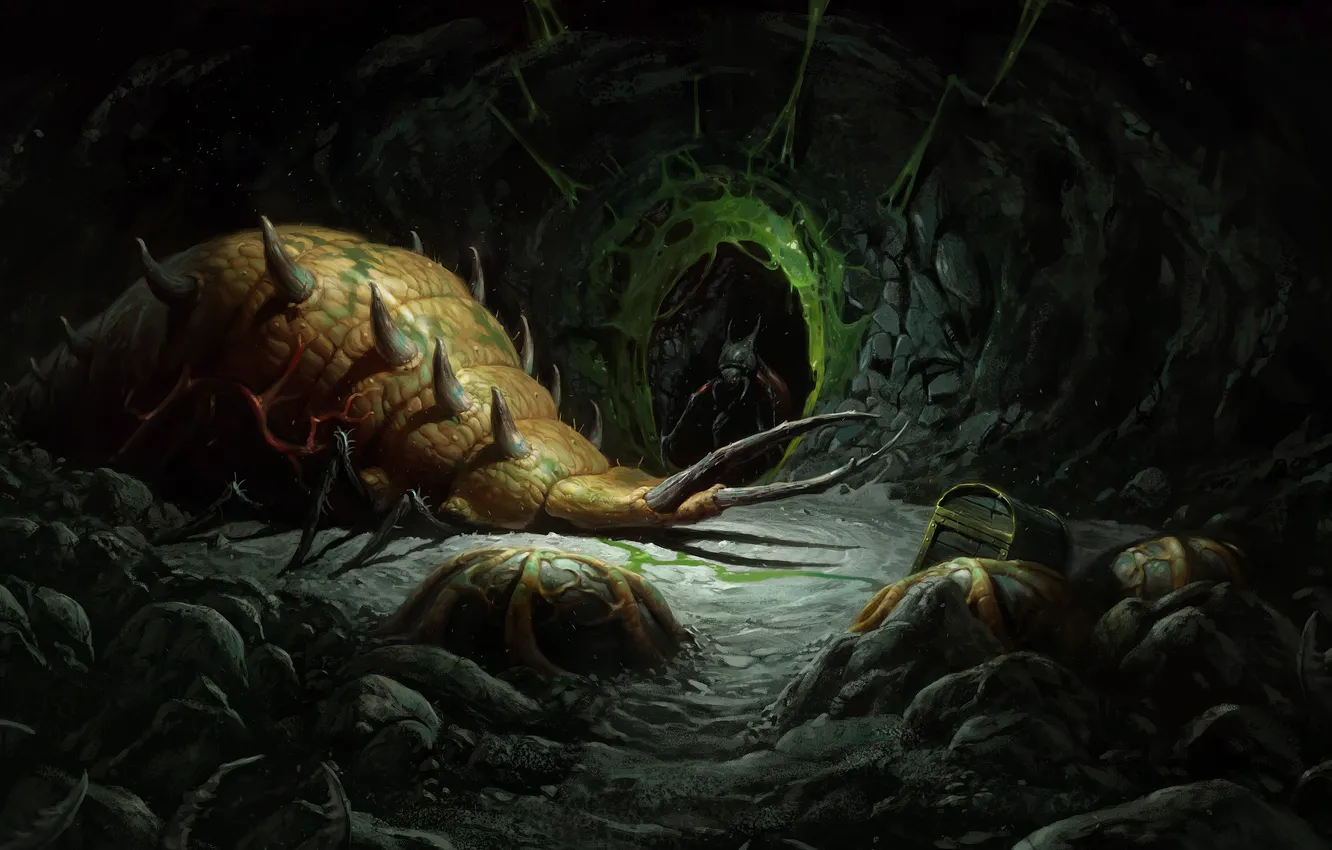 Фото обои насекомые, монстры, пещера, сундук, слизь, act 2, maggot, diablo 2