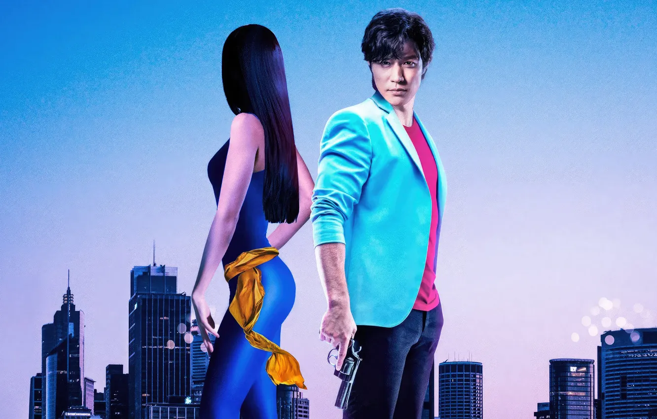 Фото обои девушка, город, пистолет, парень, City Hunter