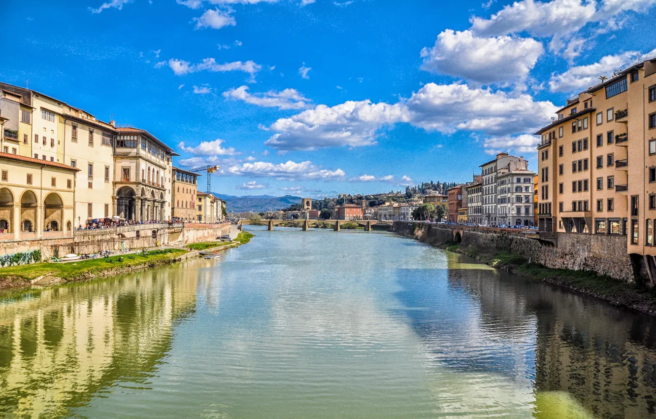 Фото обои облака, мост, город, река, здания, Италия, канал, river