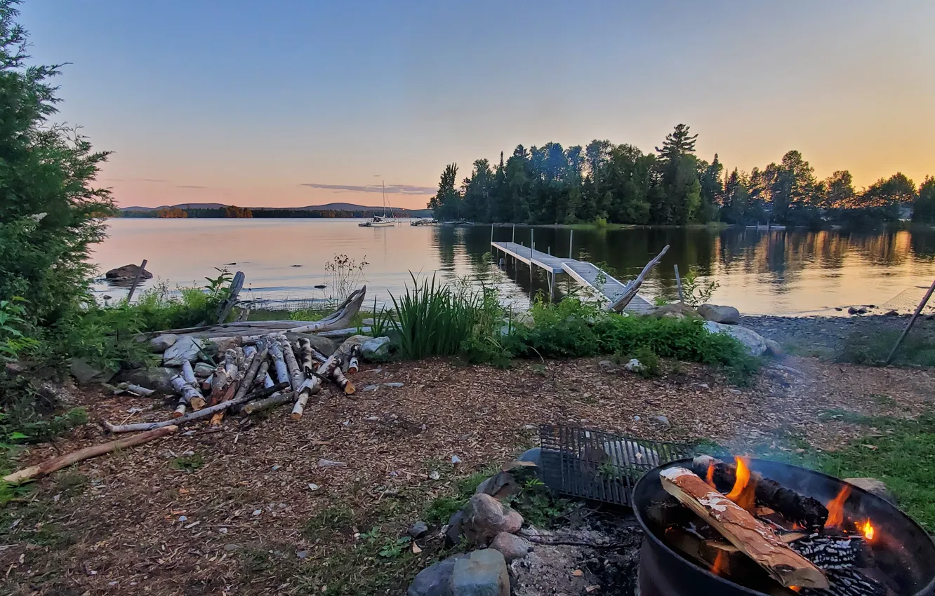 Фото обои fire, trees, sunset, lake