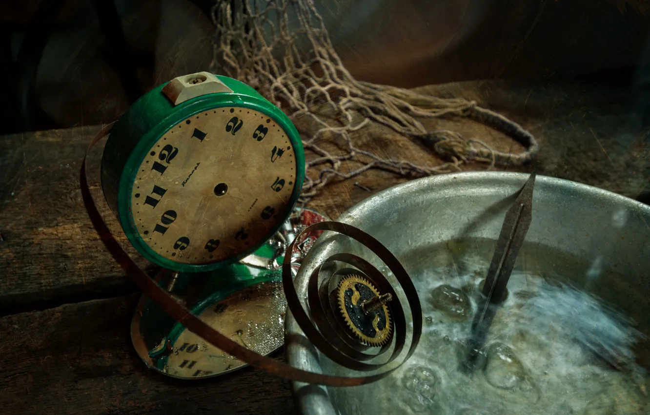 Фото обои часы, спираль, натюрморт, пружина, тазик