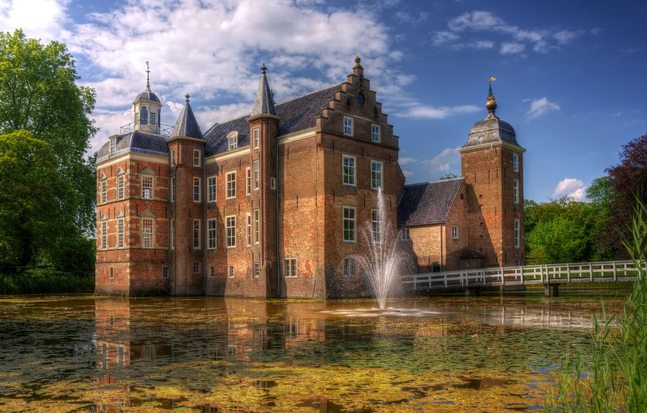 Фото обои город, пруд, фото, замок, фонтан, Нидерланды, Huize Ruurlo