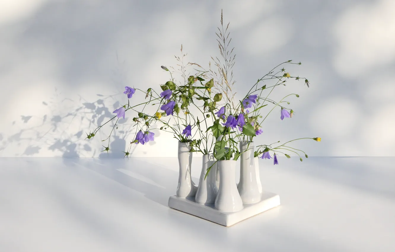 Фото обои цветы, букет, колокольчики, светлый фон, вазы