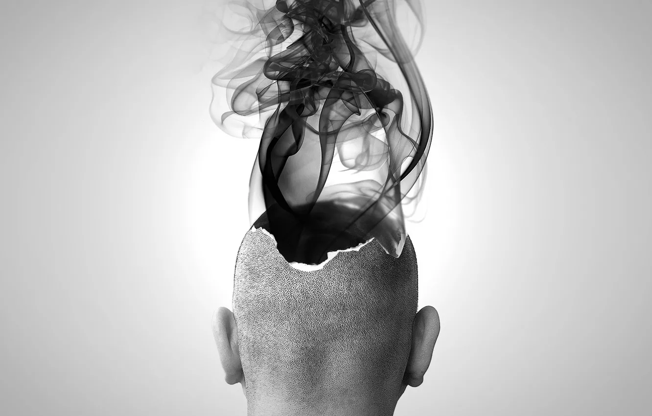 Фото обои дым, черно-белая, голова, Взрыв, Мозг