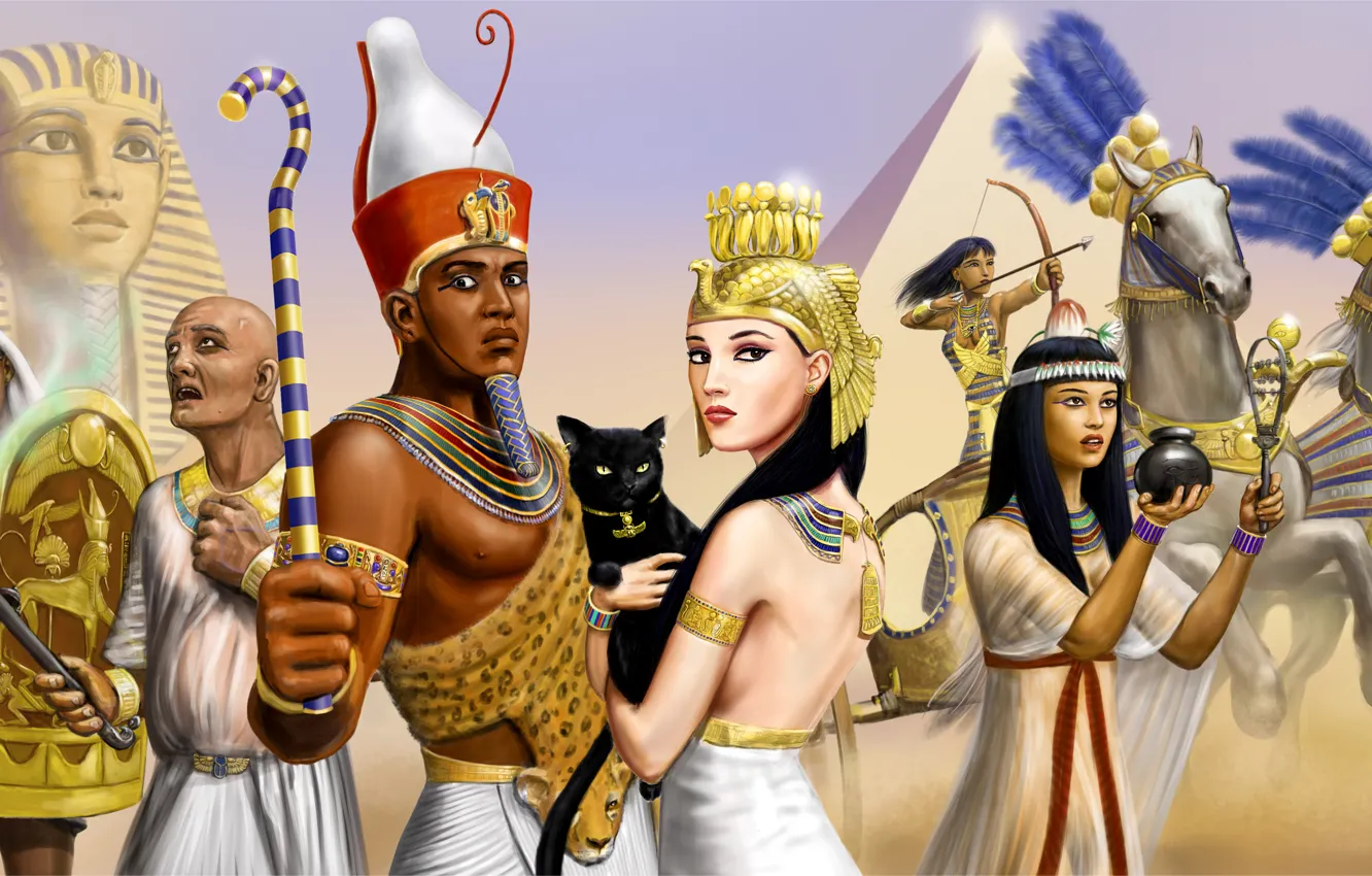 Фото обои кошка, девушки, кони, колесница, воин, арт, пирамида, фараон