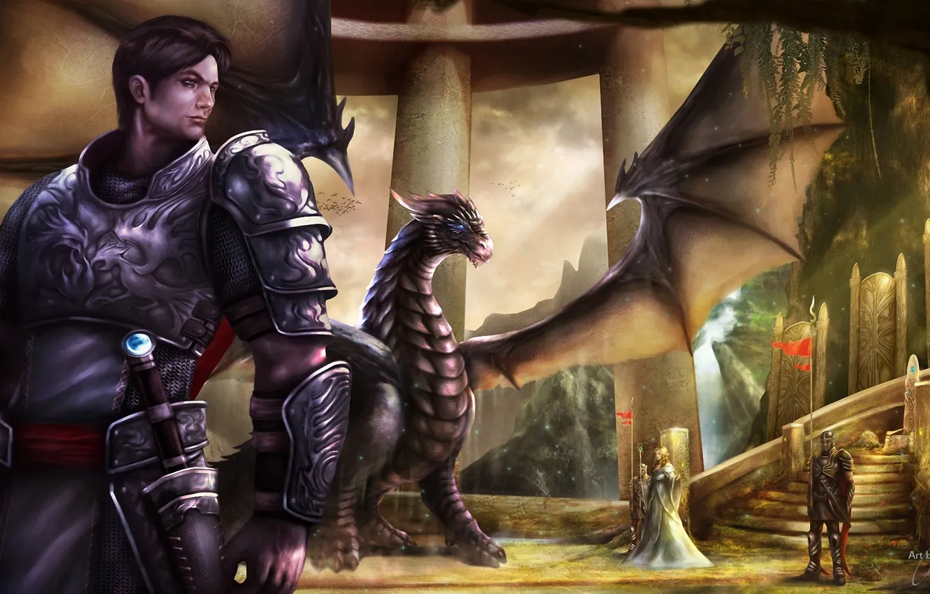 Фото обои девушка, дракон, меч, воин, фэнтези, арт, охрана, колонны